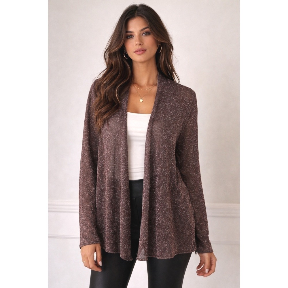 Eileen Fisher Brown Metallic Open Knit Cardigan XL Lagenlook Wedding Formal‎